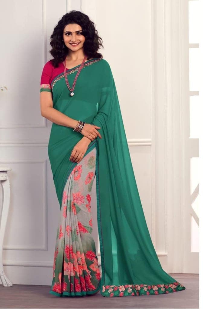 HHK Fashion Women's Printed Georgette 5.5 Meter Saree with Unstitched Banglori Silk Blouse Piece (Green). view 2