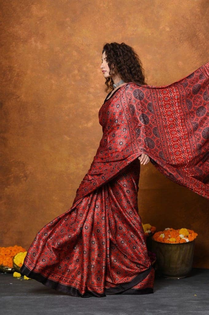 Handloom Modal Silk Saree With Ajrakh Handblock Print With Eco-Friendly Vegetable Dye~ Red view 2