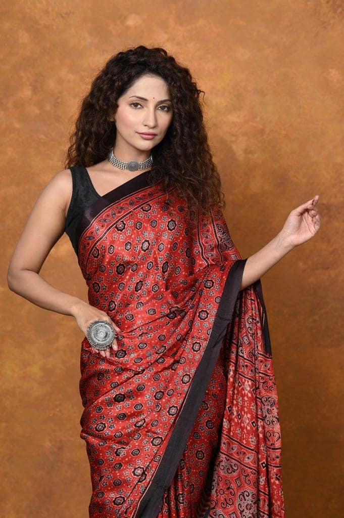 Handloom Modal Silk Saree With Ajrakh Handblock Print With Eco-Friendly Vegetable Dye~ Red view 4
