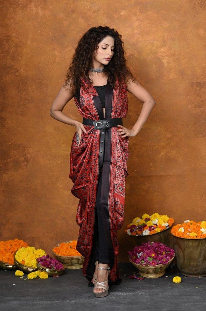 Handloom Modal Silk Saree With Ajrakh Handblock Print With Eco-Friendly Vegetable Dye~ Red view 6