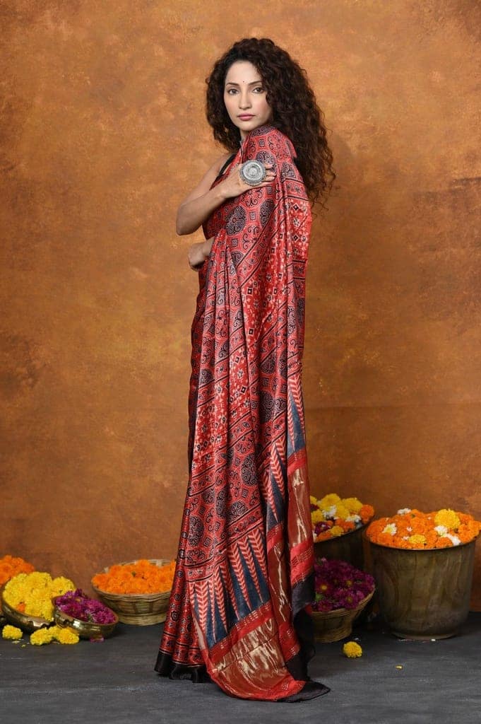 Handloom Modal Silk Saree With Ajrakh Handblock Print With Eco-Friendly Vegetable Dye~ Red view 7