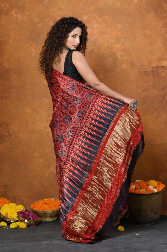 Handloom Modal Silk Saree With Ajrakh Handblock Print With Eco-Friendly Vegetable Dye~ Red view 8