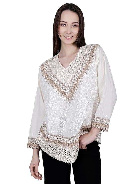 Hand Embroidered Bige Top/Full Sleeves Cotton Tunic/Summer Short Ethnic Chikan Kurti/Boho Short Ethnic Dress for Women