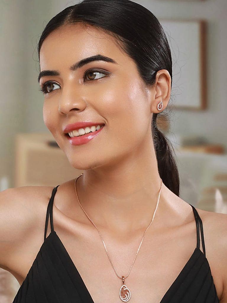 Rose Gold Plated AD Studded Minimal Locket Jewellery Set view 3