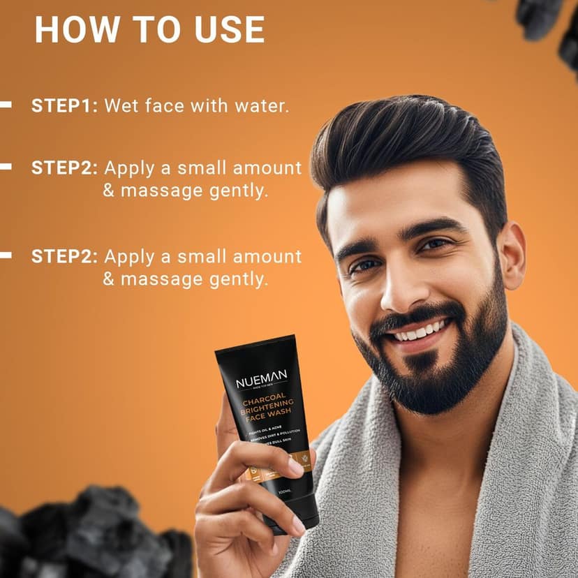 NUEMAN Charcoal Brightening Face Wash | For Men | All Skin Types | With Salicylic Acid, Niacinamide, Aloe Vera & Neem | Fights Acne, Oil, Dullness | Dermatologically Tested view 4