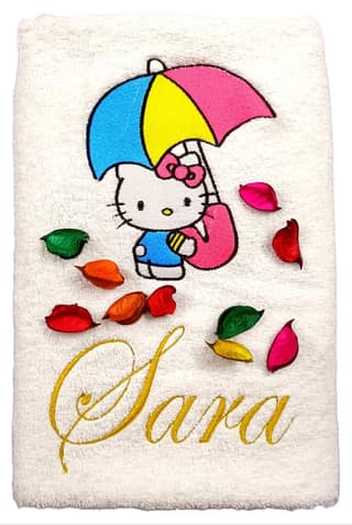 TurtleLittle, Cotton, Hello Kitty with Umbrella Personalised Kids Bath Towel, 500 GSM (Set of 1, White)