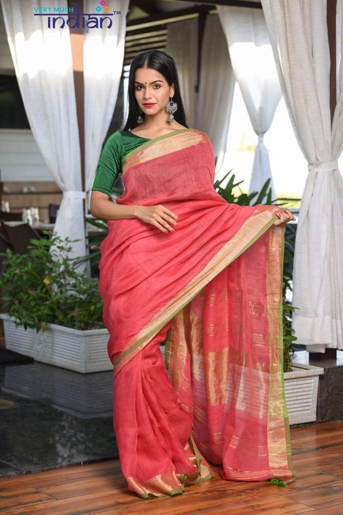 Pure Organic Linen Peach and Green Weave