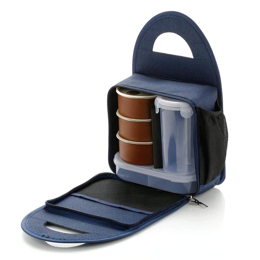 Tiffin Box With Bag Stainless Steel 4 Container and 1 Set with Plastic Glass Lunch Box Set with Carry Bag for Office, College and School for Men, Women Kids view 2