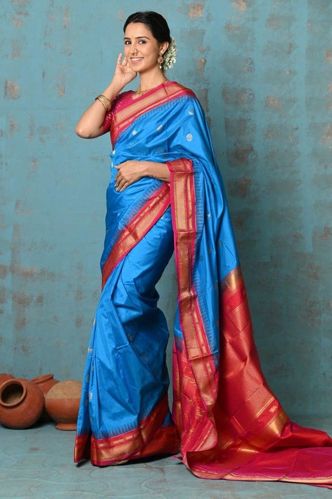 Tyohaar~ Handloom Ilkal Pure Silk with Silk Mark in Beautiful Contrast Pallu ~ Blue Red view 2