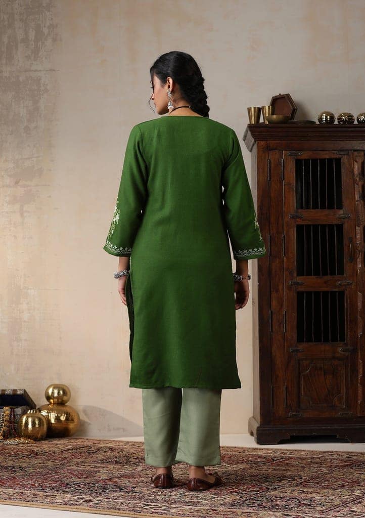 HOC Crafts Aari Embroidered Woollen Solid Women's Long Kurta -Green view 8