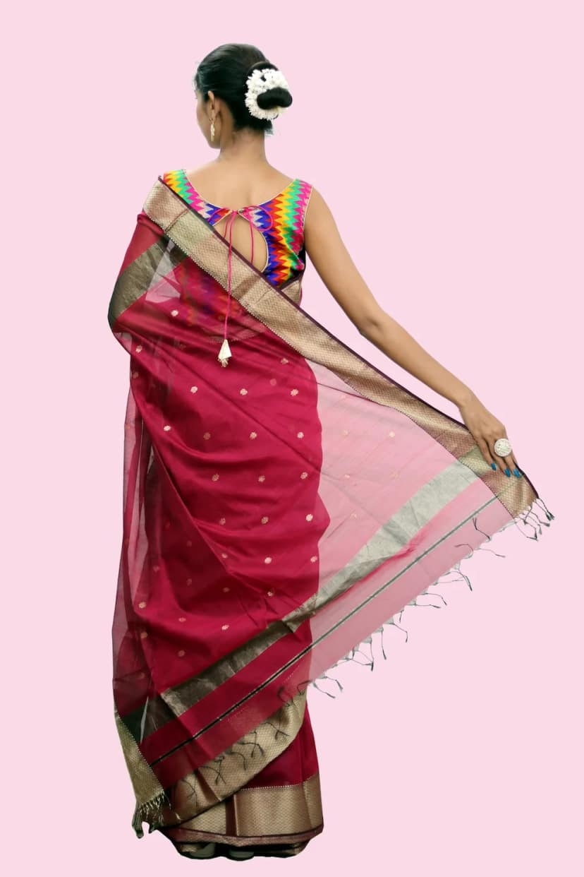 Epic Rani Pink Mix Border handloom Saree with Tassels view 4