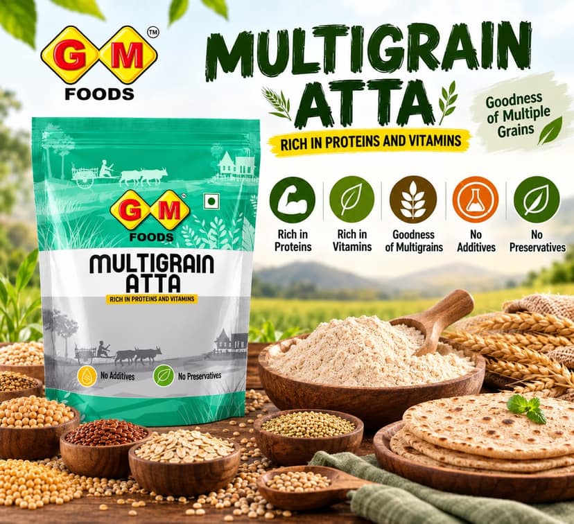 GM Foods Multigrain Atta 500g (Pack of 3) | High Protein & Vitamin-Rich Flour | No Additives or Preservatives | Healthy Whole Grain Atta for Roti, Chapati, Paratha & Everyday Balanced Meals view 2