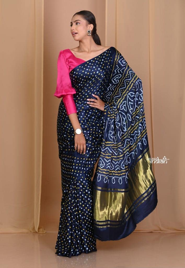 Pehal~ Traditional Black Gajji silk Saree with Handmade Bandhani Weave.