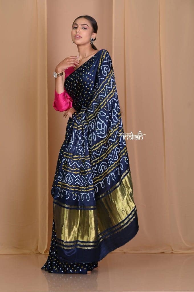 Pehal~ Traditional Black Gajji silk Saree with Handmade Bandhani Weave. view 2