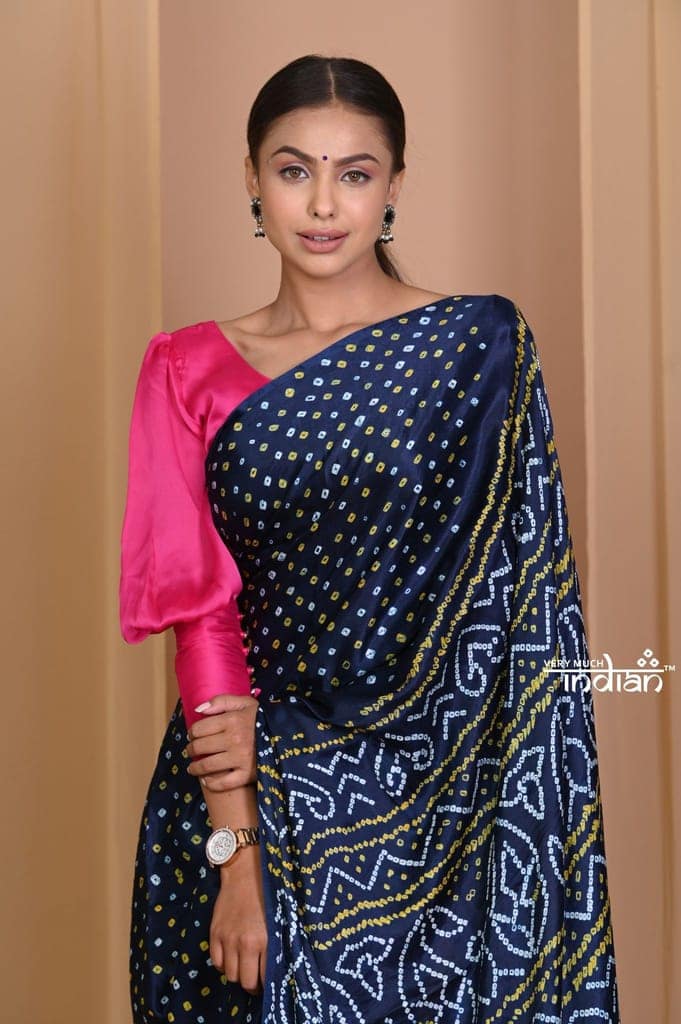 Pehal~ Traditional Black Gajji silk Saree with Handmade Bandhani Weave. view 4