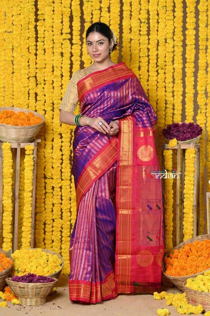 Rajsi~ Handloom Pure Silk Maharani Paithani With Overall Brocade with Stripes ~ Dual Tone Purple Golden