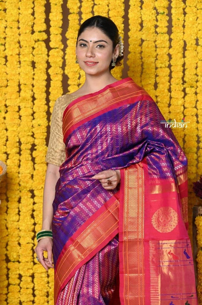 Rajsi~ Handloom Pure Silk Maharani Paithani With Overall Brocade with Stripes ~ Dual Tone Purple Golden view 2