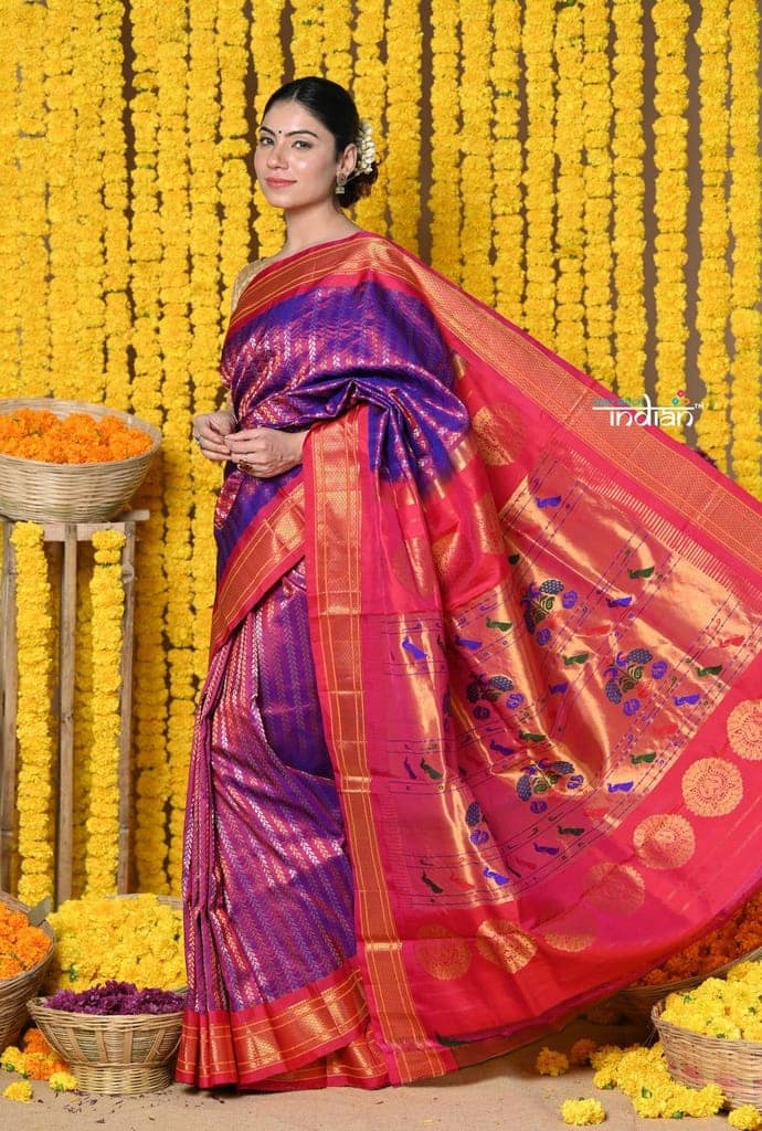 Rajsi~ Handloom Pure Silk Maharani Paithani With Overall Brocade with Stripes ~ Dual Tone Purple Golden view 3