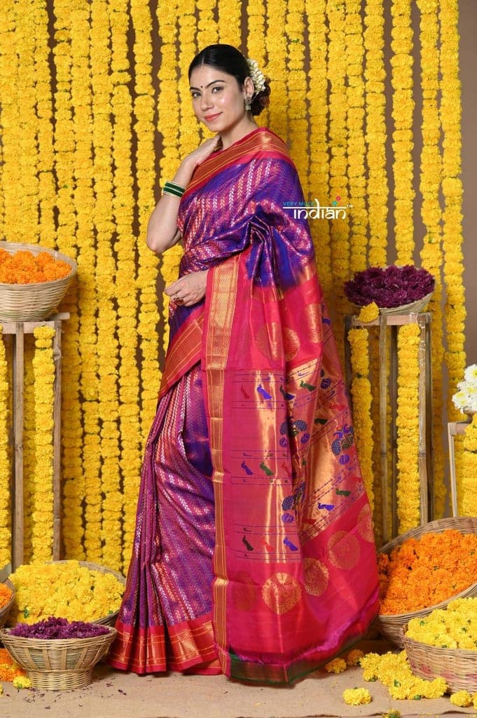 Rajsi~ Handloom Pure Silk Maharani Paithani With Overall Brocade with Stripes ~ Dual Tone Purple Golden view 4