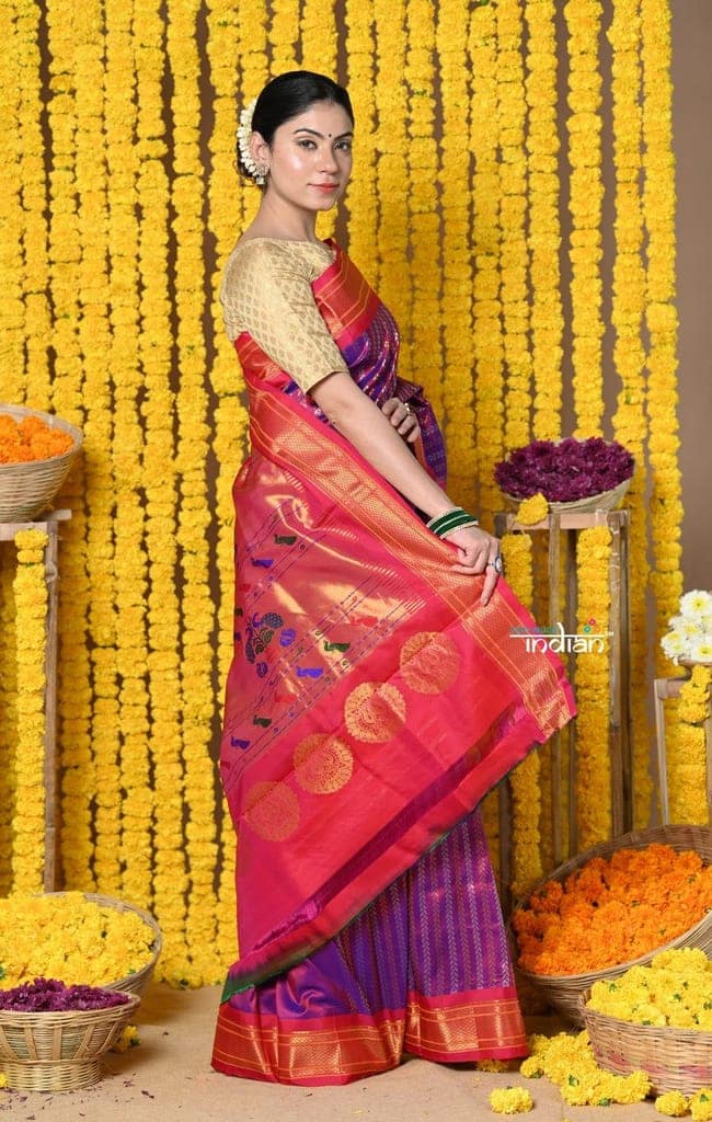 Rajsi~ Handloom Pure Silk Maharani Paithani With Overall Brocade with Stripes ~ Dual Tone Purple Golden view 5