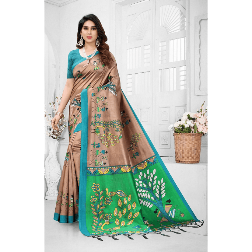 TheHangr Beautiful Art Silk Saree With Magnificent Print With Blouse Piece - Brown