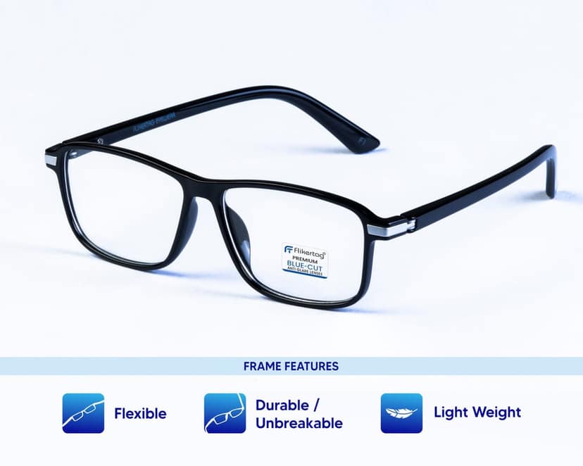 Flikertag Blue Cut Computer Glasses for Eye Protection | Zero Power Blue Light Filter Glasses With UV Protection | Anti Glare Specs for Men & Women [FTF202 F1 Rectangle Glossy Black Frame, 52mm] view 2