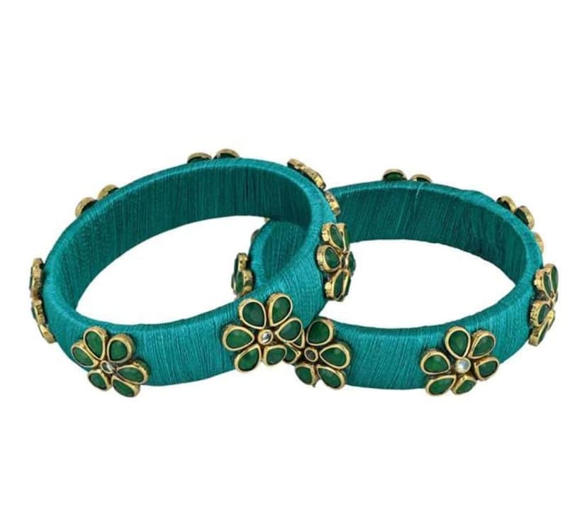 Green Silk Thread Bangle Set with Kundan and Pearl Flower Design view 2