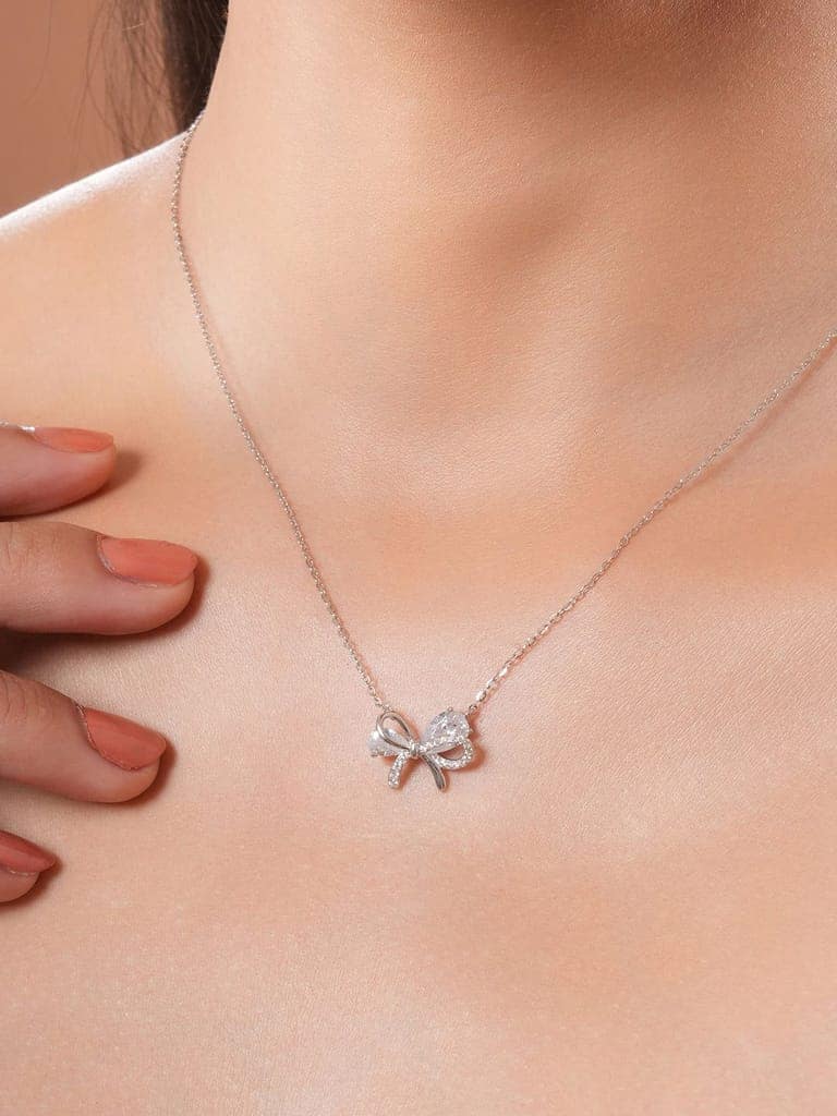 925 Sterling Silver AD Studded Minimal Bow Delicate Pendant Necklace & Chain view 2