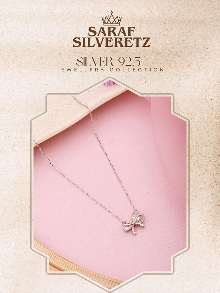 925 Sterling Silver AD Studded Minimal Bow Delicate Pendant Necklace & Chain view 4