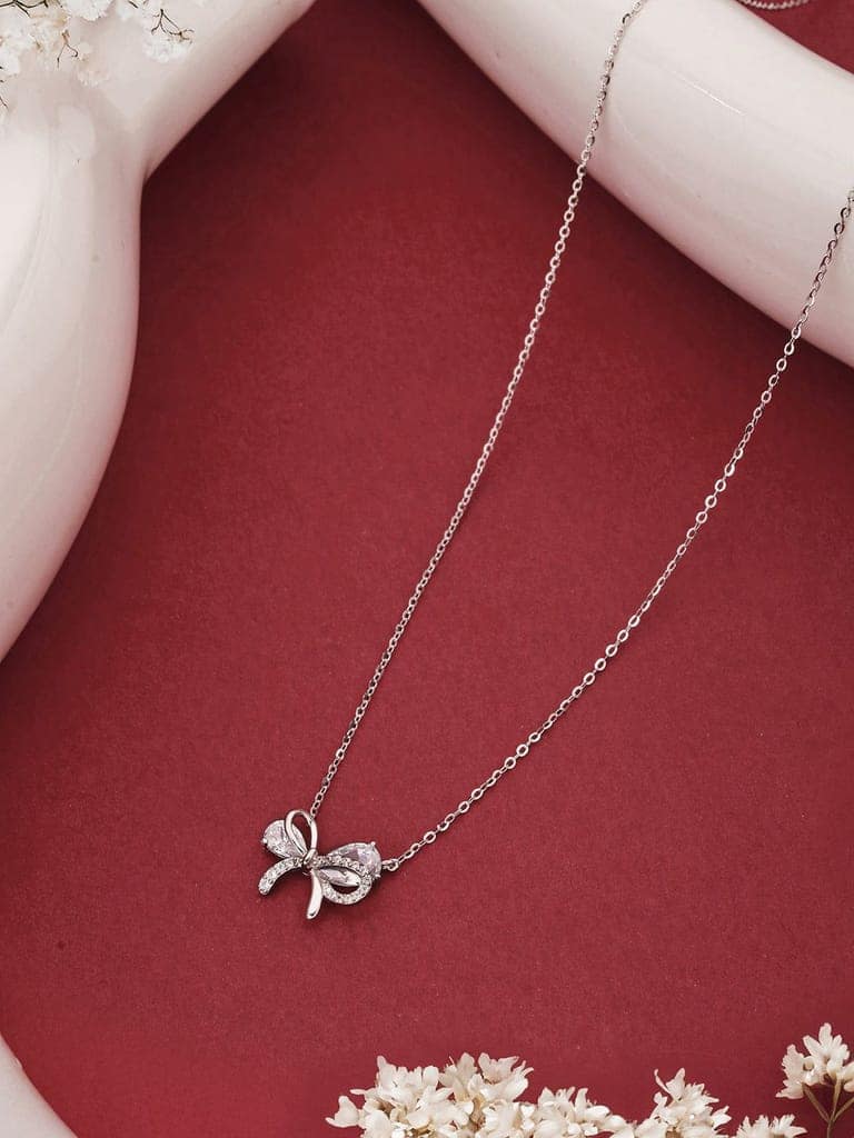 925 Sterling Silver AD Studded Minimal Bow Delicate Pendant Necklace & Chain view 5