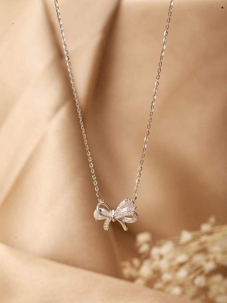 925 Sterling Silver AD Studded Minimal Bow Delicate Pendant Necklace & Chain view 9