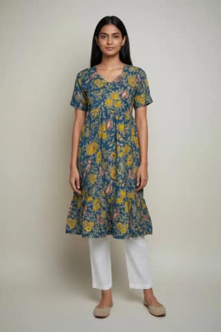 Floral Print Cotton Dress Indigo Yellow Brown
