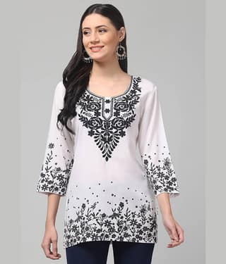 Aura Glam Women Rayon Embroidered A-line Kurti ( White )