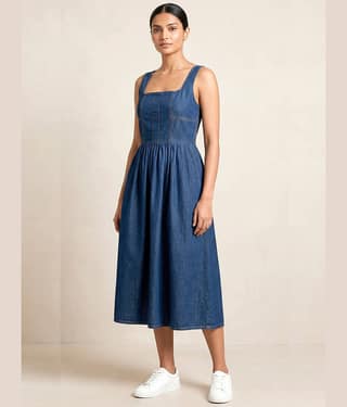 Addyvero Women Denim Solid Fit & Flare Dress ( Dark Blue )