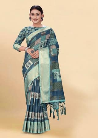 Digital Printed Cotton Saree in Teal Blue