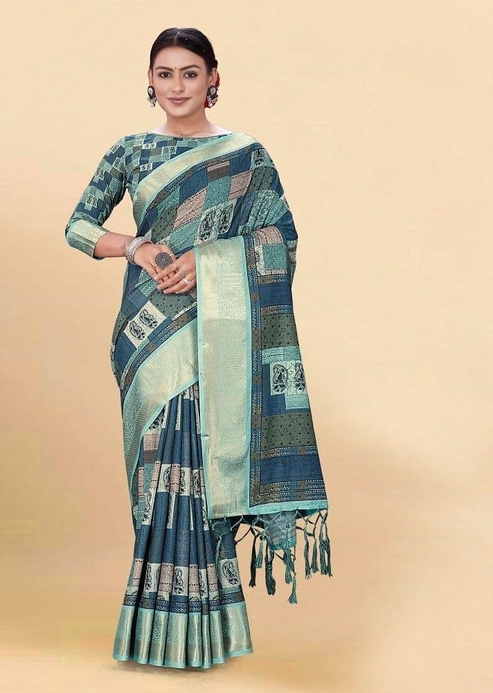 Digital Printed Cotton Saree in Teal Blue