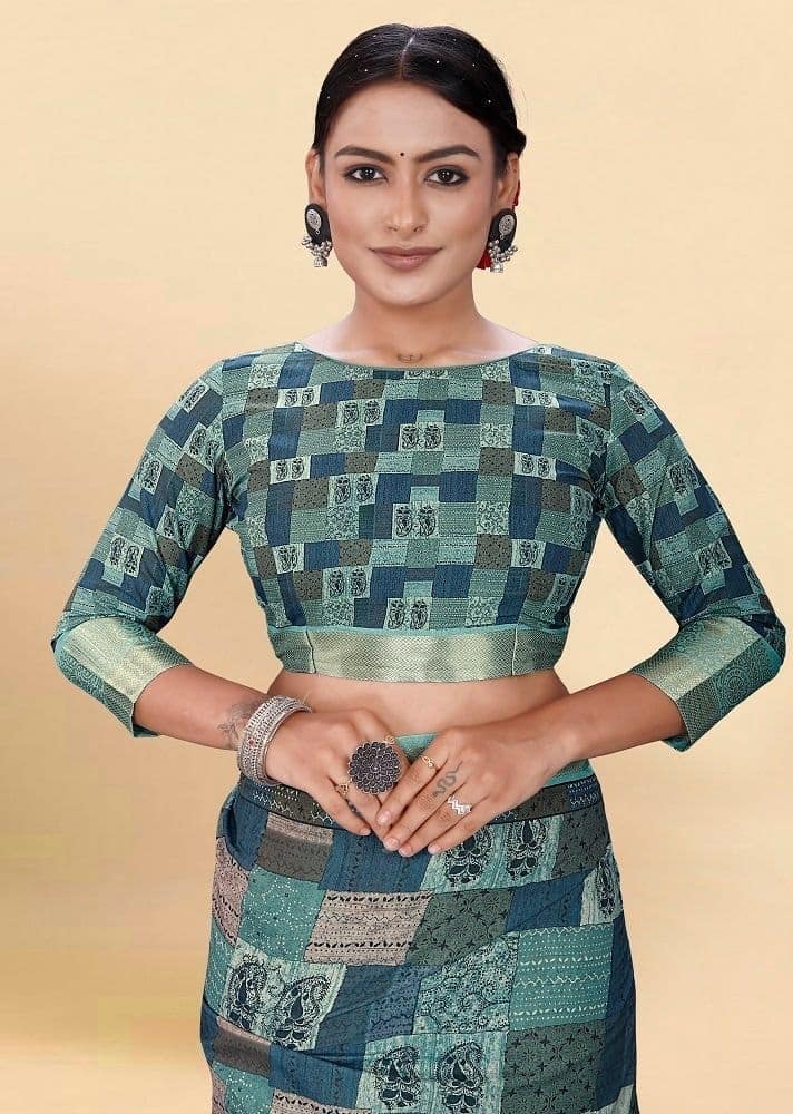 Digital Printed Cotton Saree in Teal Blue view 2