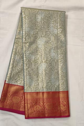 Sage Green Zari Saree with Magenta Border