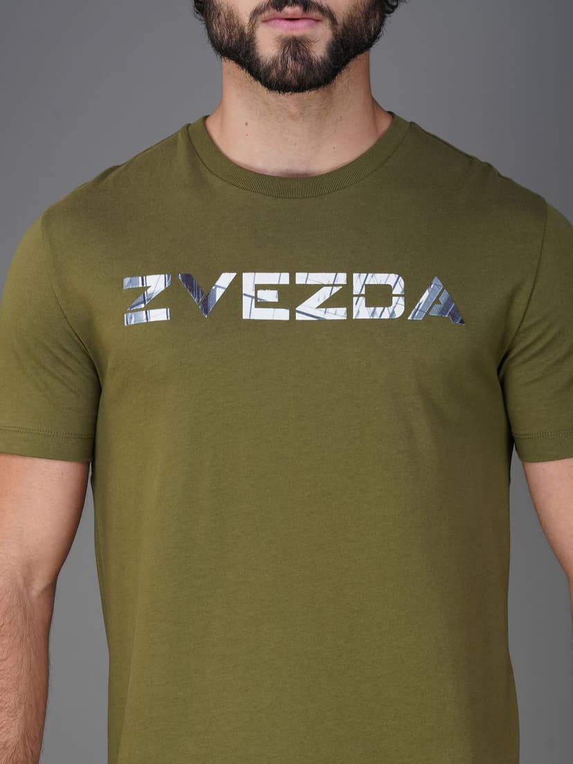 Men’s Pure Cotton Round Neck Branded T-Shirt-Olive view 2