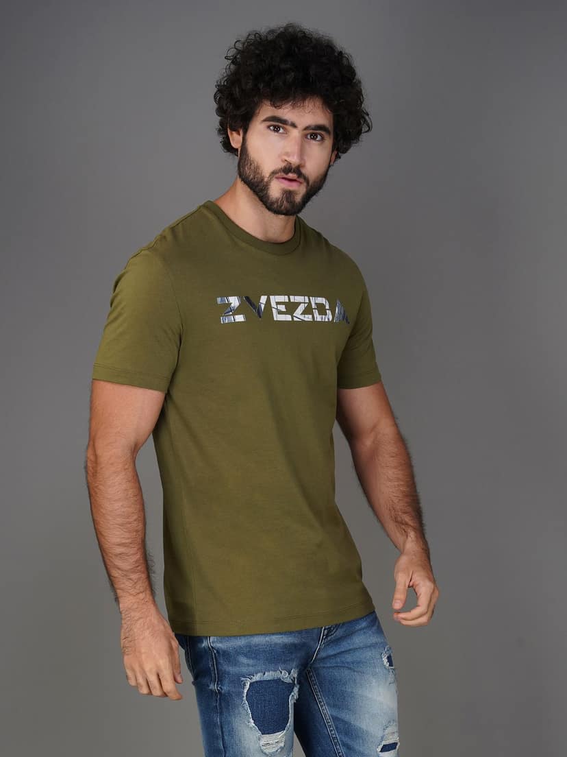 Men’s Pure Cotton Round Neck Branded T-Shirt-Olive view 3