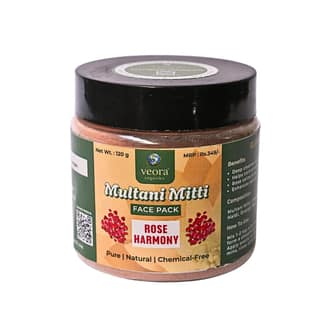 Veora Organics Multani Mitti Face Pack Rose Harmony | Natural Skin Brightening Face Mask with Rose Petals & Orange Peel | Deep Cleansing, Oil Control & Tan Removal | Pure Chemical-Free Herbal Skincare | 120g