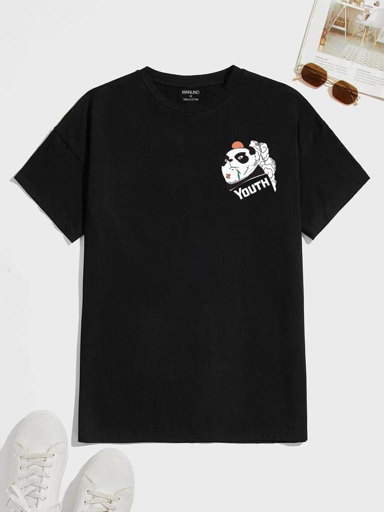 SCOTT FINCHER Men's Black T-Shirt with Panda Graphic and Japanese Characters : AA(HSR)BLACK_28 view 3