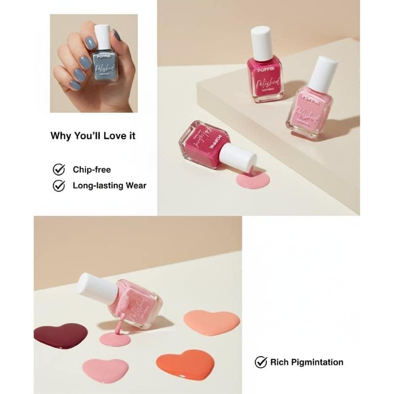 POPPIK Polished Nail Paint 8 ml, Quick-Dry, Long-Lasting & Chip-Resistant Nail Colour with Intense Pigment, Waterproof & Scratch-Proof, Satin Finish, Non-Toxic & Skin-Friendly view 7