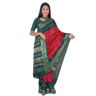 Tribes India Handwoven Maroon and Dark Forest Green Bandhej Saree