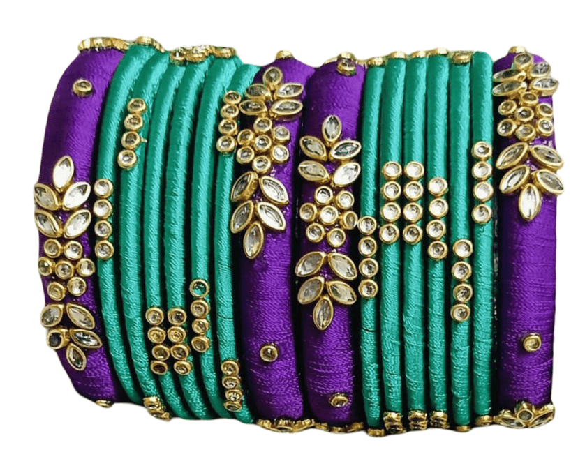 Purple & Teal Silk Thread Bangles with Stone Embellishments