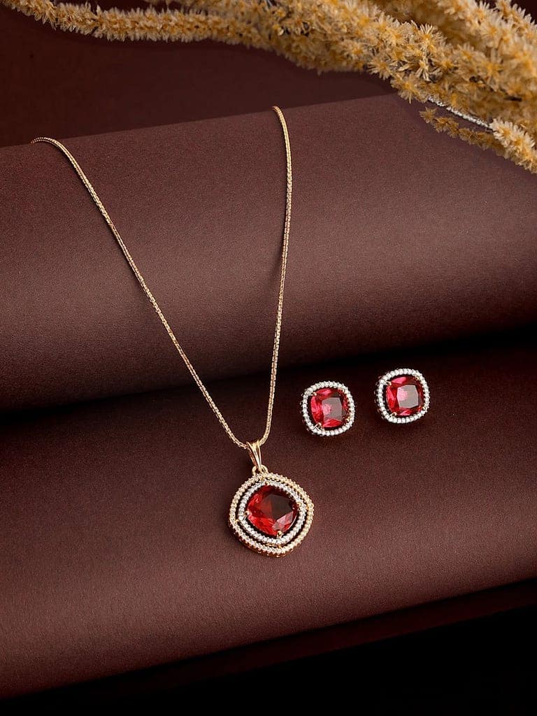 Gold Toned Ruby Red AD Studded Square Pendant Jewellery Set view 2