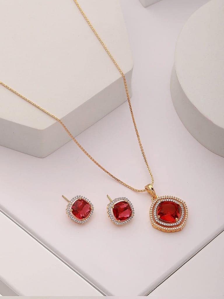 Gold Toned Ruby Red AD Studded Square Pendant Jewellery Set view 3