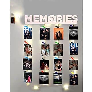 Khush Its Amazing Home Decor Wood White Memories With LED Light Hanging Photo Display, DIY Picture Photo Frame Collage Set Includes Multi colour Clips