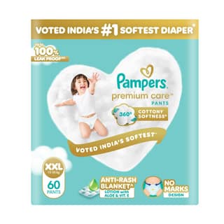 Pampers Premium Care Pant Style Baby Diapers XXL 60 Count | No Marks Design | Voted Indias #1 Softest Diaper | All in 1 diaper with 360 Cottony Softness