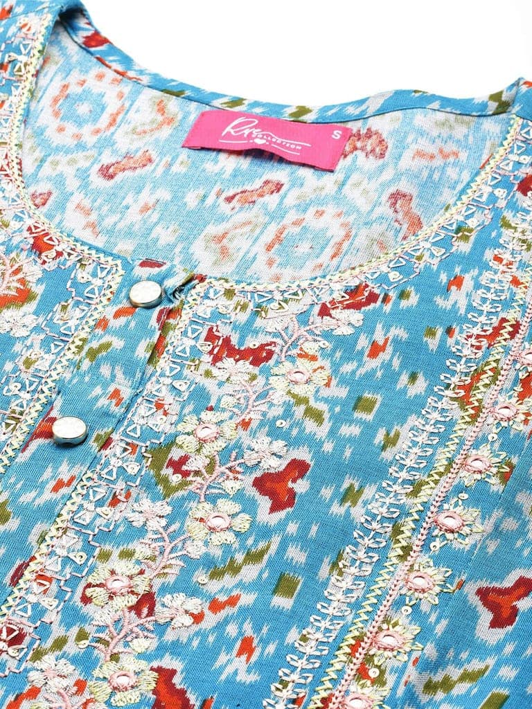 Women Floral Yoke Design Mirror Work Cotton Kurta view 5